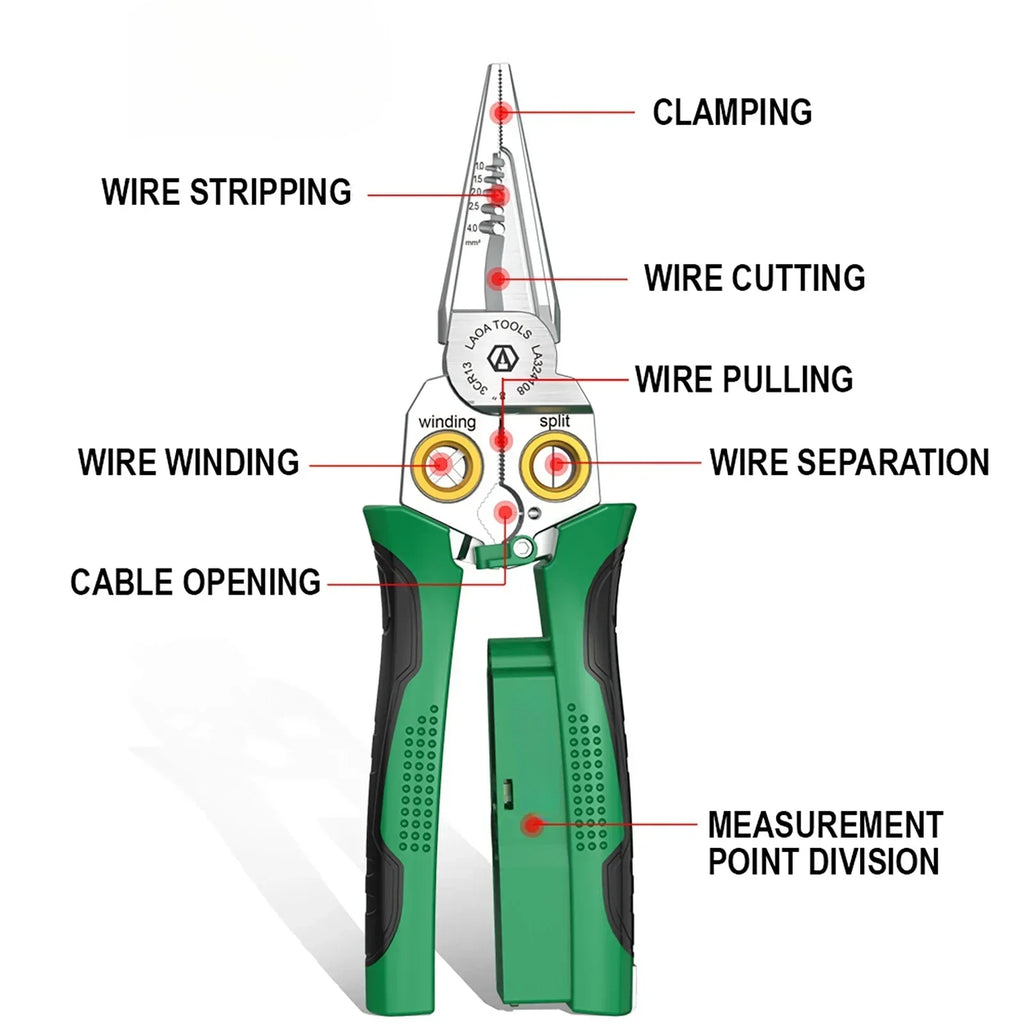 8 in 1 Stainless Steel Wire Stripping Needle Nose Pliers Non-slip Multi-function Wire Stripper with Electricity Tester Function