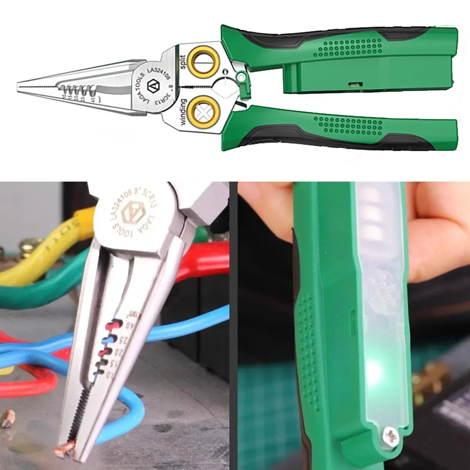 8 in 1 Stainless Steel Wire Stripping Needle Nose Pliers Non-slip Multi-function Wire Stripper with Electricity Tester Function